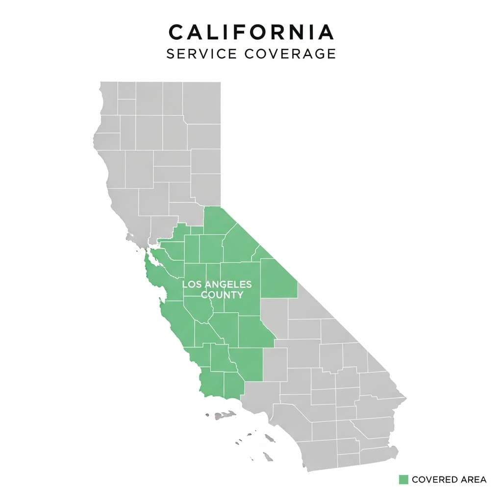 Detailed Los Angeles County map with location markers showing comprehensive coverage areas