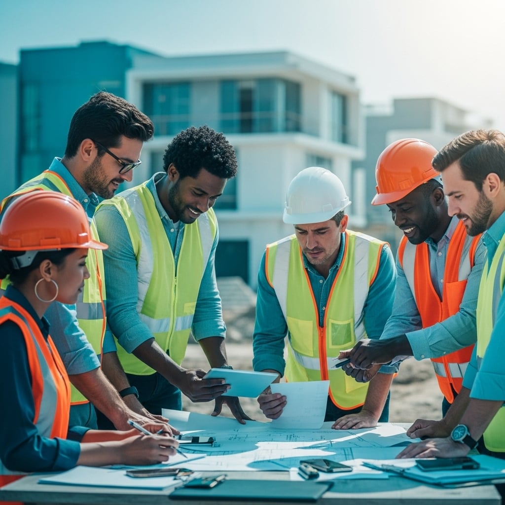 Professional licensed contractors collaborating on construction site planning and project development
