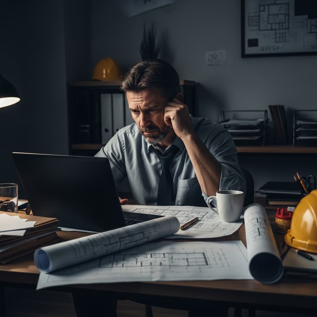 Frustrated contractor looking at laptop with generic online lead form and low-quality inquiries